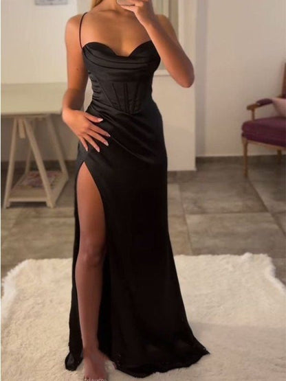 Sexy Mermaid Spaghetti Straps Black Long Evening Dress Backless Prom Dresses SD1606