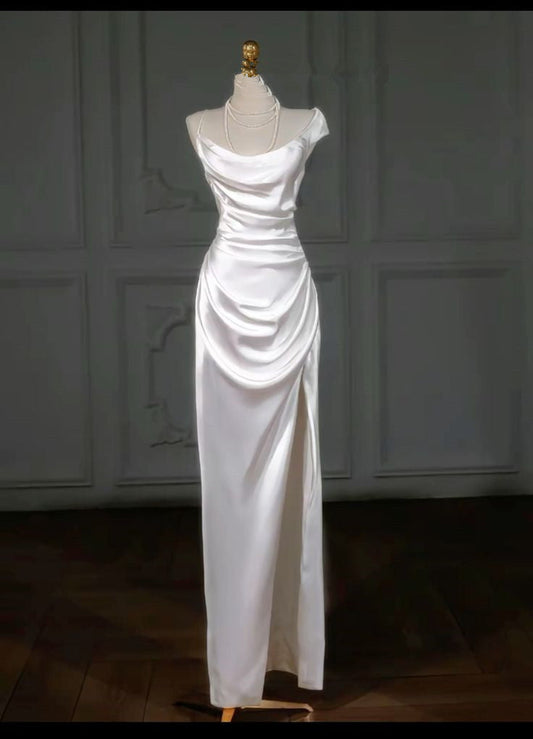 Simple White Mermaid Satin Strapless Pleats Wedding Dress SD1527
