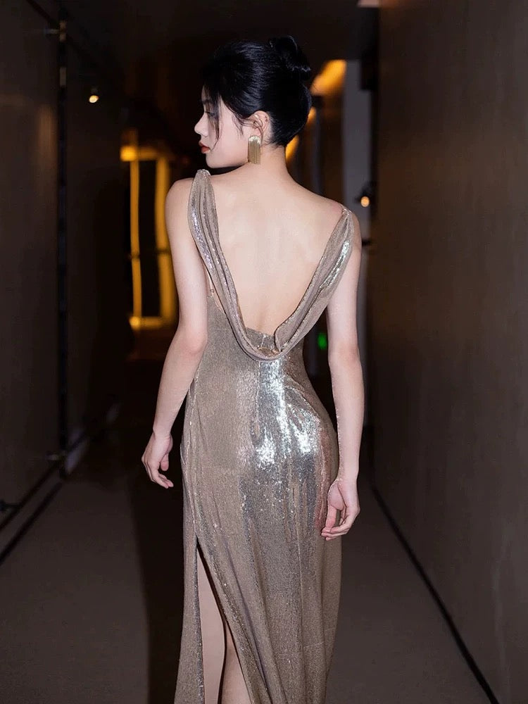 Sexy Mermaid Sequin Backless Floor Length Evening Dress Prom Dresses SD1610