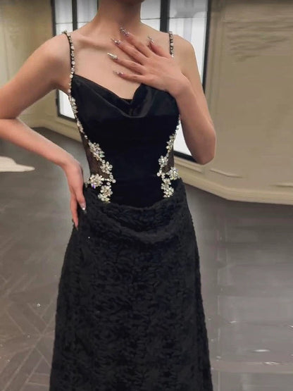 Sexy Mermaid Spaghetti Straps Black Floor Length Evening Dress Prom Dresses SD1632