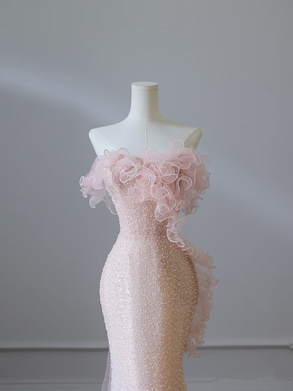 Modest Mermaid Strapless Pink Tulle Flowers Evening Dress Long Prom Dresses SD1650
