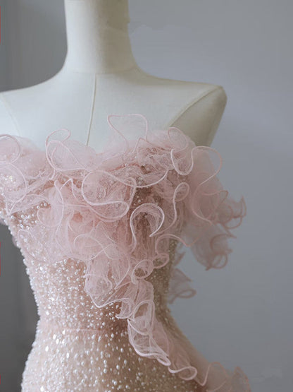 Modest Mermaid Strapless Pink Tulle Flowers Evening Dress Long Prom Dresses SD1650