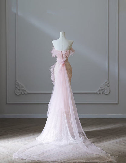 Modest Mermaid Strapless Pink Tulle Flowers Evening Dress Long Prom Dresses SD1650