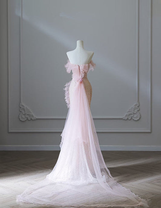 Modest Mermaid Strapless Pink Tulle Flowers Evening Dress Long Prom Dresses SD1650