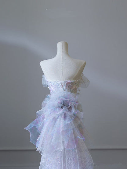 Modest Mermaid Strapless Tulle Flowers Evening Dress Long Prom Dresses SD1652