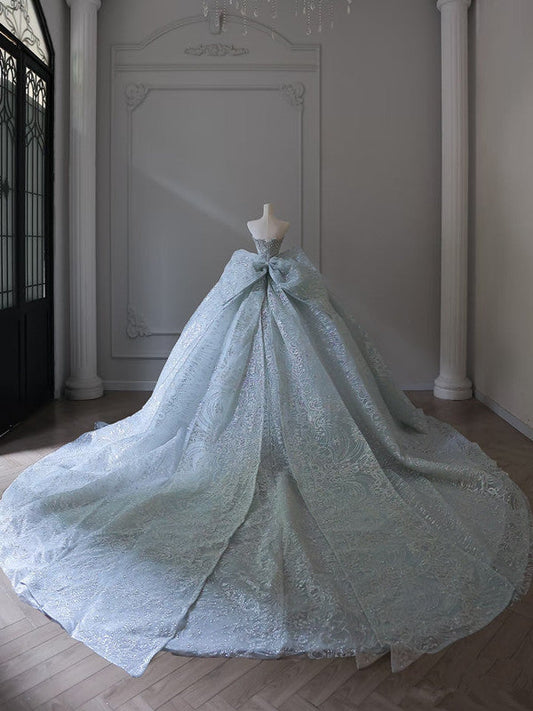 Princess Ball Gown Strapless Neckline Long Sequin Light Sky Blue Long Wedding Dresses Brides Dress SD1658