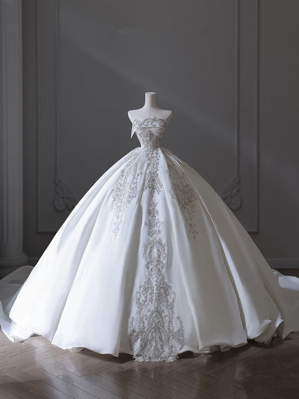 Princess Ball Gown Strapless Sleeveless Pleats White Satin Wedding Dress Bridal Dresses SD1667