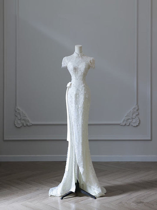 Princess Sheath High Neckline White Sequin Long Wedding Dresses Brides Dress SD1669