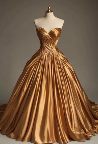 Retro Ball Gown Sweetheart Satin Gold Party Dress Prom Dresses Evening Dress SD1769