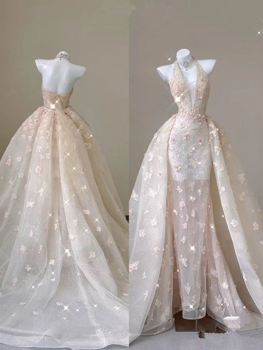 Sexy Sheath Halter Pink Lace Long Prom Dress Evening Dress Formal Dress SD1807