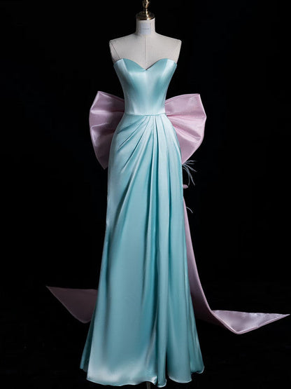 Modest A Line Sweetheart Blue Satin Party Dress Long Prom Dress Evening Dresses SD1853