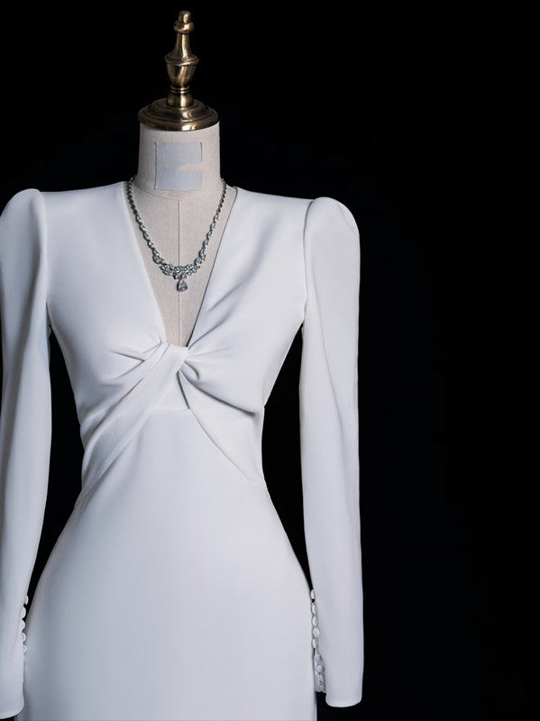 Sexy Mermaid V Neckline Long Sleeves White Satin Wedding Dresses Brides Dress SD1870