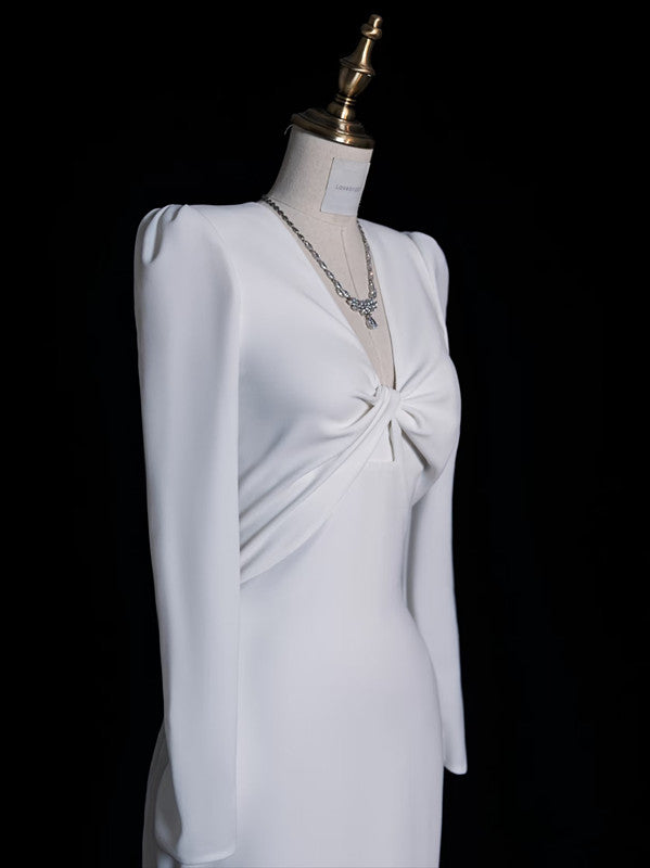 Sexy Mermaid V Neckline Long Sleeves White Satin Wedding Dresses Brides Dress SD1870