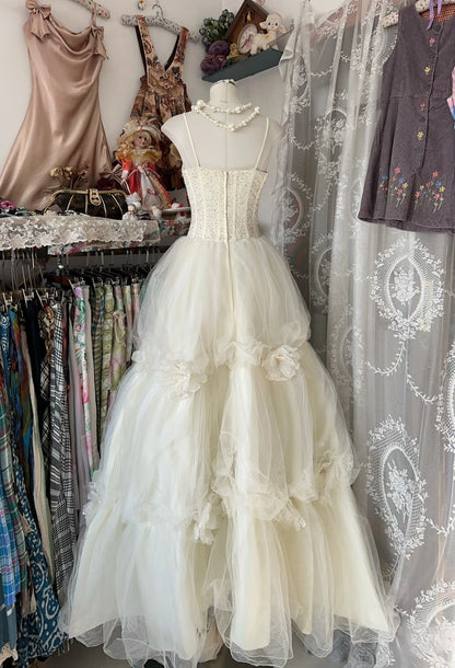 Vintage Ball Gown Spaghetti Straps Sleeveless Long White Evening Dress Prom Dresses SD1902