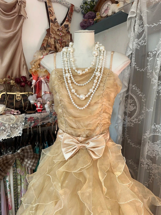 Vintage Ball Gown Spaghetti Straps Sleeveless Long Gold Evening Dress Prom Dresses SD1905