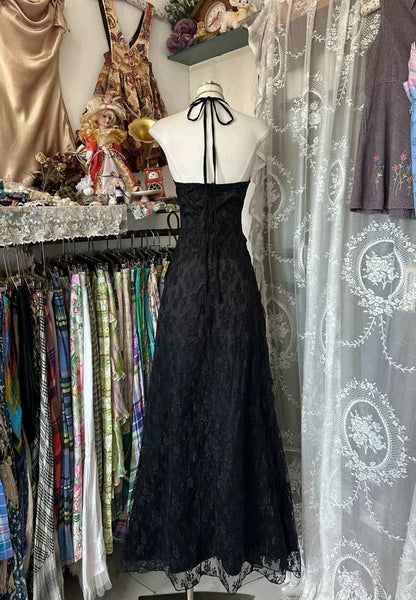 Vintage Mermaid Halter Sleeveless Long Black Lace Evening Dress Prom Dresses SH3093