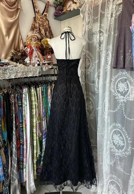 Vintage Mermaid Halter Sleeveless Long Black Lace Evening Dress Prom Dresses SH3093