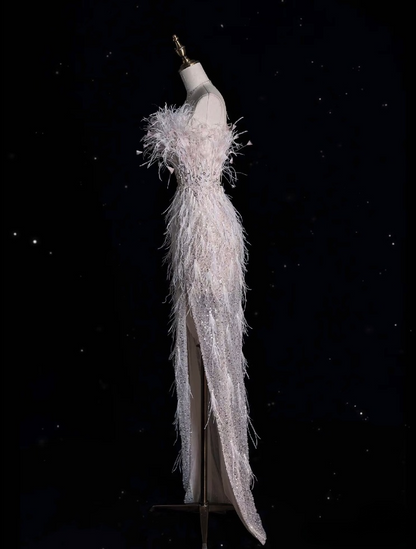 Classy Mermaid Strapless Feathers Floor Length Evening Dress Sequin Prom Dresses SD1937