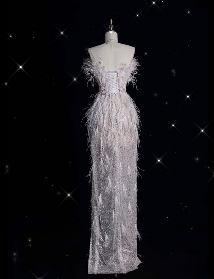Classy Mermaid Strapless Feathers Floor Length Evening Dress Sequin Prom Dresses SD1937