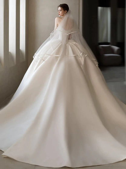 Simple Ball Gown Strapless Sleeveless Satin White Wedding Dresses Brides Dress SD1958