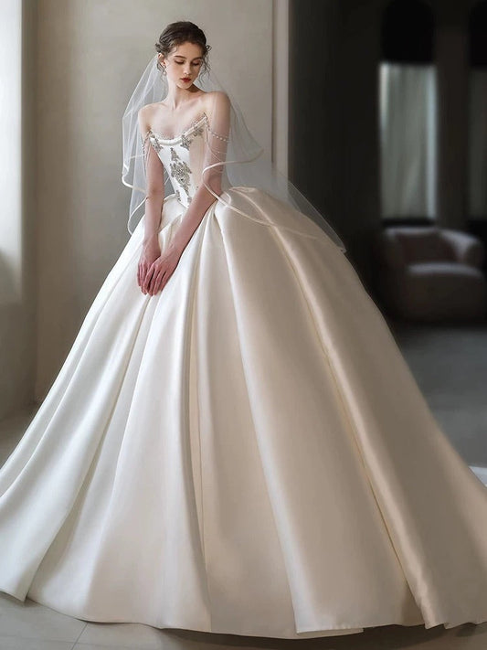 Simple Ball Gown Strapless Sleeveless Satin White Wedding Dresses Brides Dress SD1958