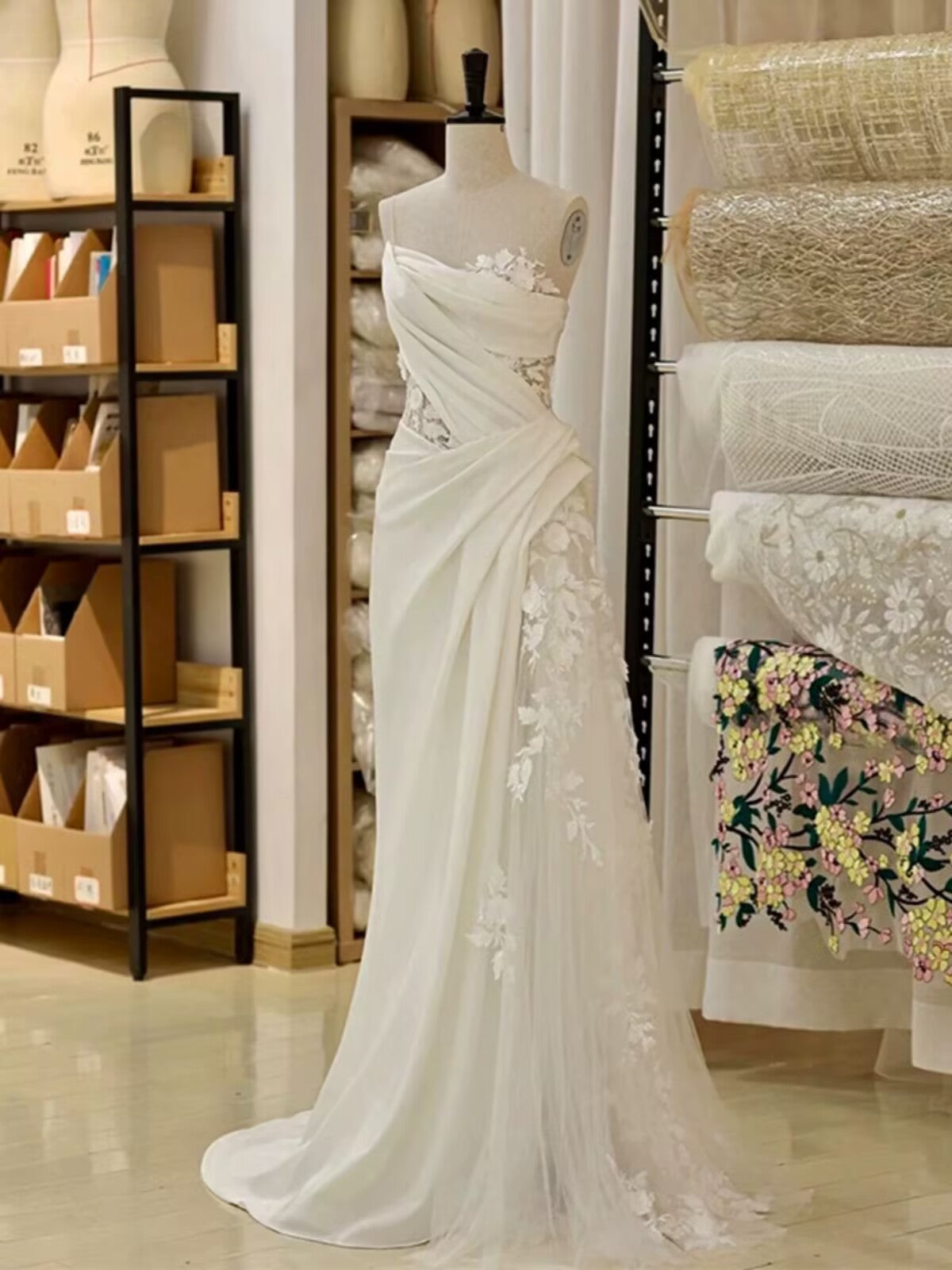 Timeless A line One Shoulder Lace Satin White Wedding Dresses Brides Dress SD1976