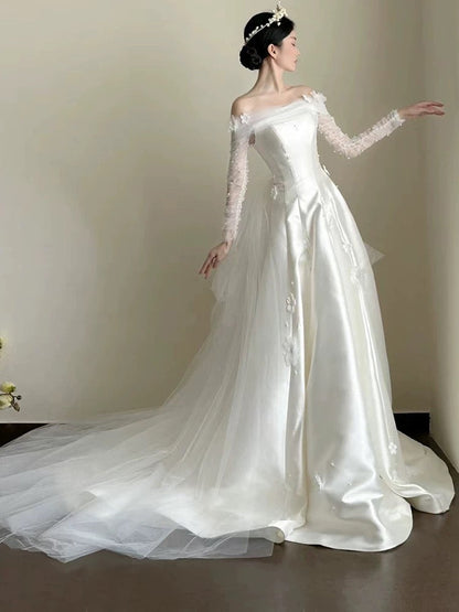 Timeless Ball Gown Off The Shoulder White Tulle Long Wedding Dresses Bridal Dress SD1977