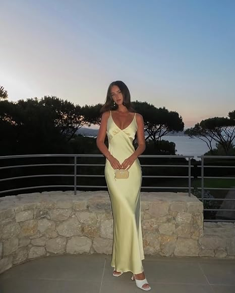 Gorgeous Sheath Straps Yellow Satin Prom Dresses Formal Summer Wedding Guest Dresses Wedding Guest Outfits DP766
