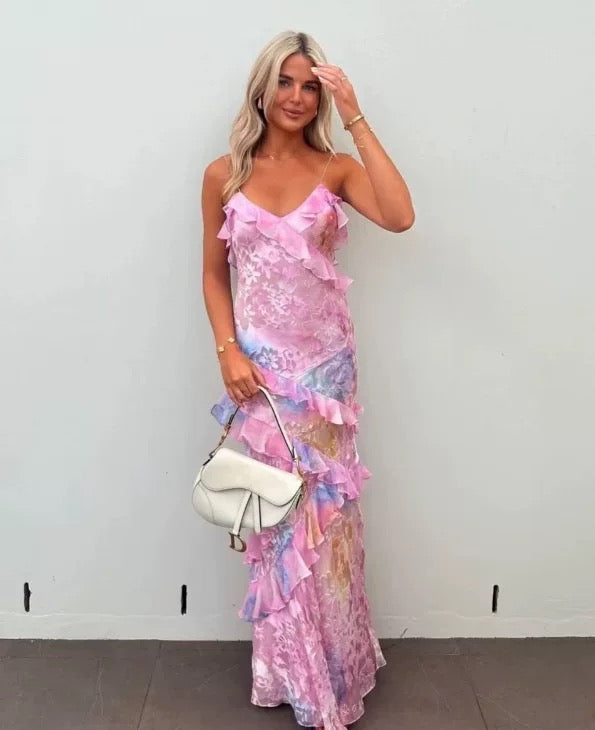 Gorgeous Mermaid Spaghetti Straps Floor Length Floral Yellow Chiffon Evening Dress Prom Dresses SD2045