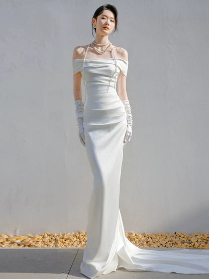 Unique Mermaid Off The Shoulder Pleats Satin Wedding Dresses Brides Dress SD2093