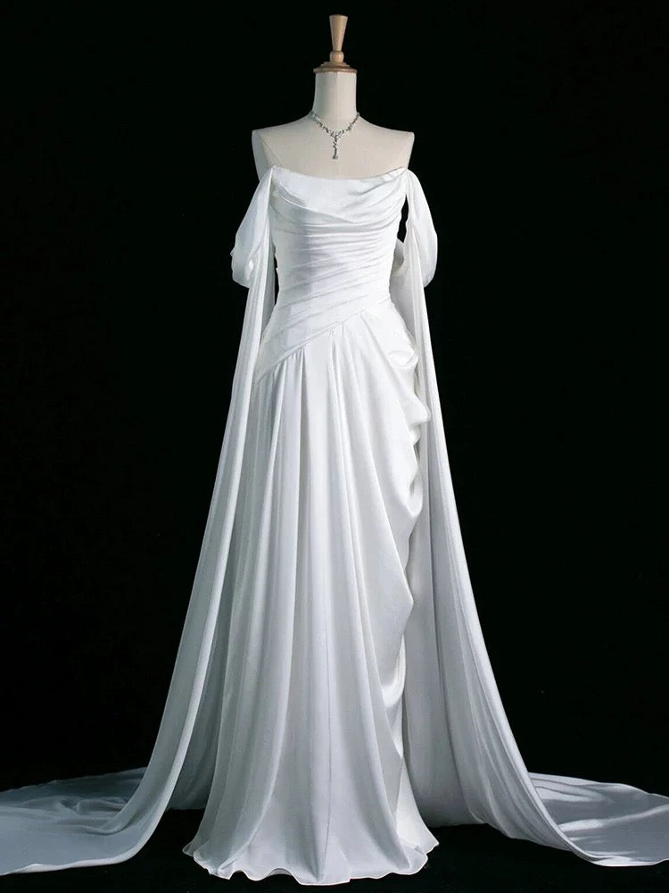 Vintage A Line Off The Shoulder Satin Prom Dresses Long Evening Gown Formal Party Dress SD2199