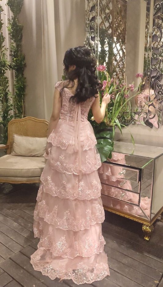 Pretty A-Line Off The Shoulder Blush Pink Lace Slit Long Prom Dresses Formal Evening Dress SD2202