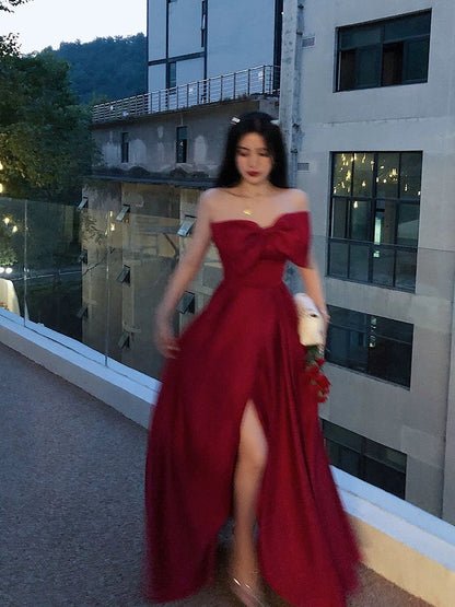 Sexy A Line Strapless Wine Red Slit Prom Dresses Long Party Dress SD2267