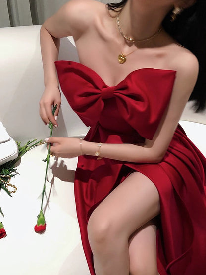 Sexy A Line Strapless Wine Red Slit Prom Dresses Long Party Dress SD2267