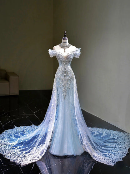 Pretty Mermaid Off The Shoulder Tulle Silver Beads Long Prom Dresses Formal Evening Dress SD2311