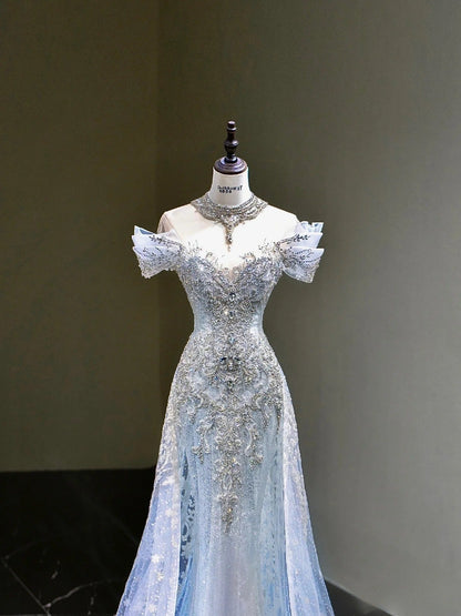 Pretty Mermaid Off The Shoulder Tulle Silver Beads Long Prom Dresses Formal Evening Dress SD2311