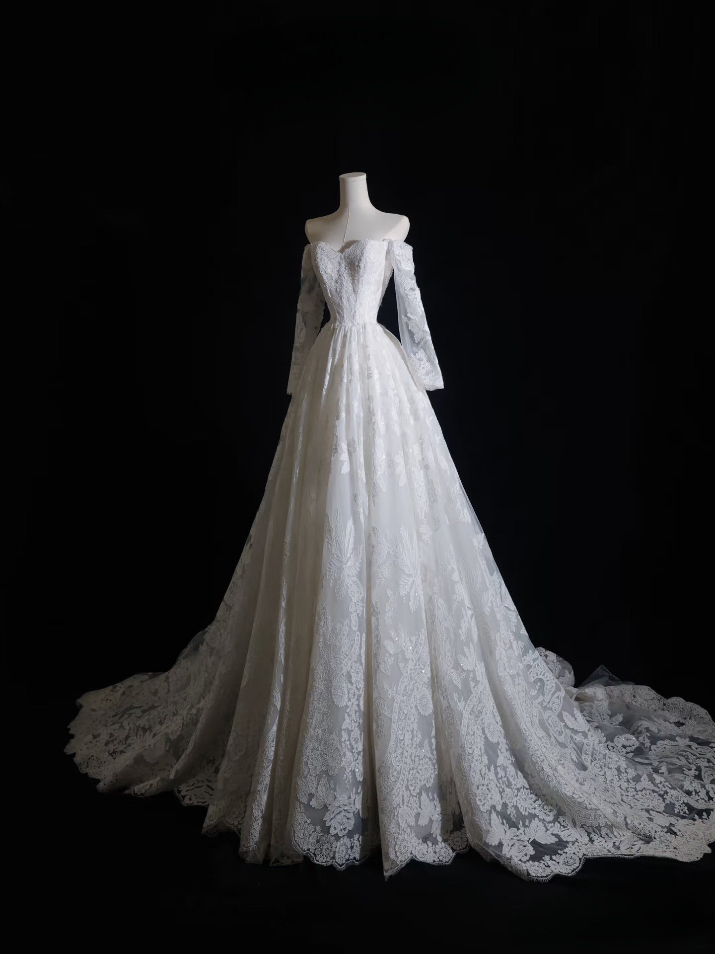 Timeless A line Off The Shoulder White Lace Long Sleeves Wedding Dresses Bridal Dress SD2327