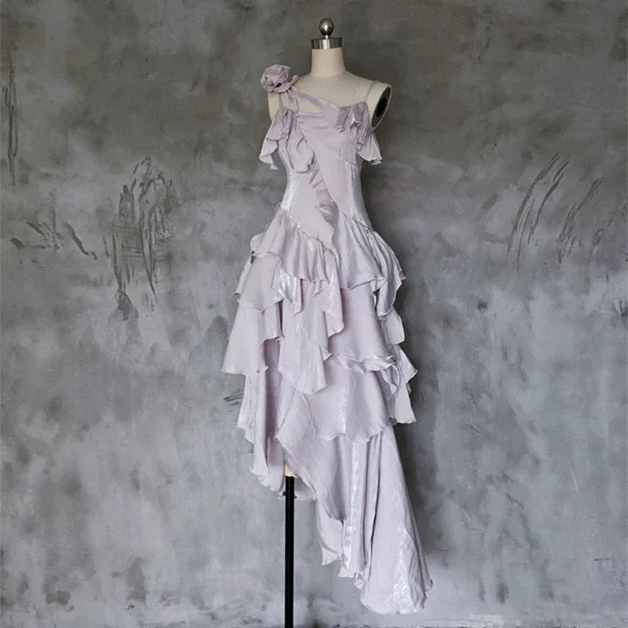 Pretty Irregular Ruffle Spaghetti Straps Light Purple Prom Dresses With Flower Long Birthday Dress SH2897