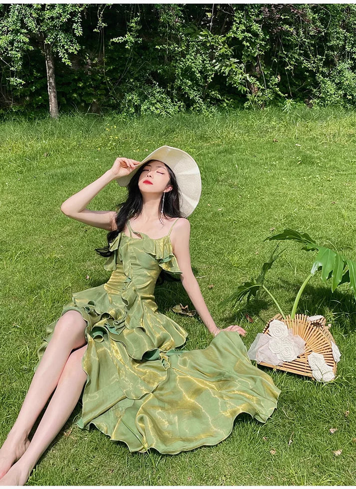Pretty Irregular Ruffle Spaghetti Straps Green Prom Dresses With Flower Long Birthday Dress SH2894