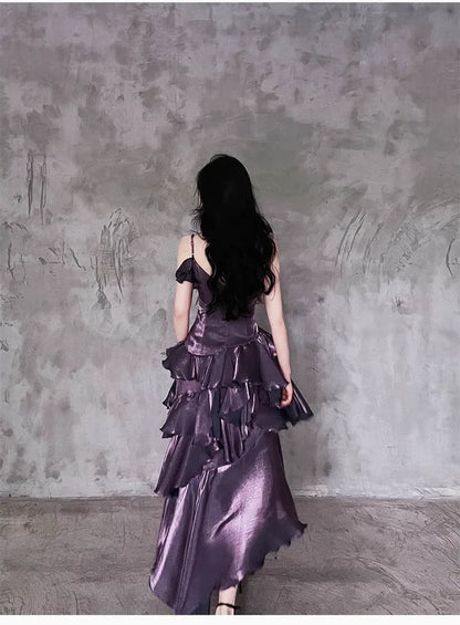 Pretty Irregular Ruffle Spaghetti Straps Grape Prom Dresses With Flower Long Birthday Dress SH2895