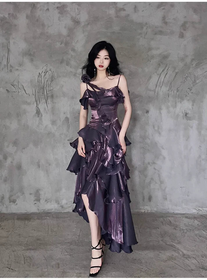 Pretty Irregular Ruffle Spaghetti Straps Grape Prom Dresses With Flower Long Birthday Dress SH2895