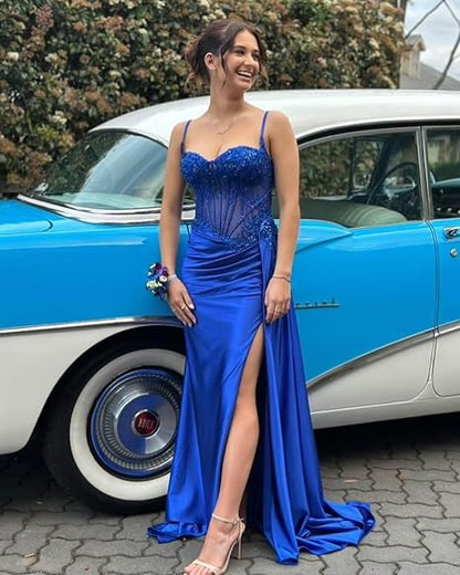 Pretty Mermaid Spaghetti Straps Sage Green Long Satin Prom Dresses Formal Evening Dress SD2416