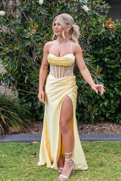Pretty Sage Scoop Neck Satin Mermaid Long Prom Dress with Slit Formal Gown Evening Dress SD2419