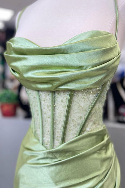 Pretty Sage Scoop Neck Satin Mermaid Long Prom Dress with Slit Formal Gown Evening Dress SD2419