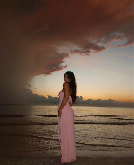Classy Sheath Strapless Long Party Dress Pink Chiffon Prom Dresses SD2454