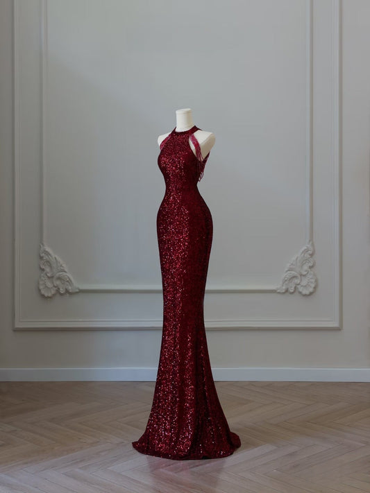 Simple Mermaid Scoop Neckline Burgundy Sequin Long Party Dress Prom Dresses SD2474