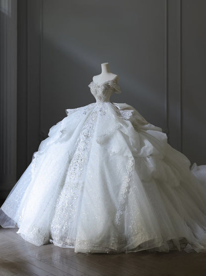 Timeless Ball Gown Off The Shoulder Neckline Tulle Sequin Wedding Dresses Bridal Dress SD2476