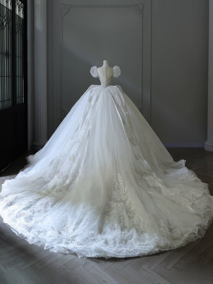 Timeless Ball Gown Off The Shoulder Short Sleeves Tulle Sequin Wedding Dresses Bridal Dress SD2480