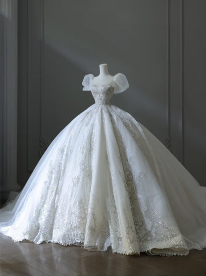 Timeless Ball Gown Off The Shoulder Short Sleeves Tulle Sequin Wedding Dresses Bridal Dress SD2480