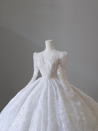 Timeless Ball Gown V Neckline Sequin Long Sleeves Wedding Dress Bridal Dresses SD2485